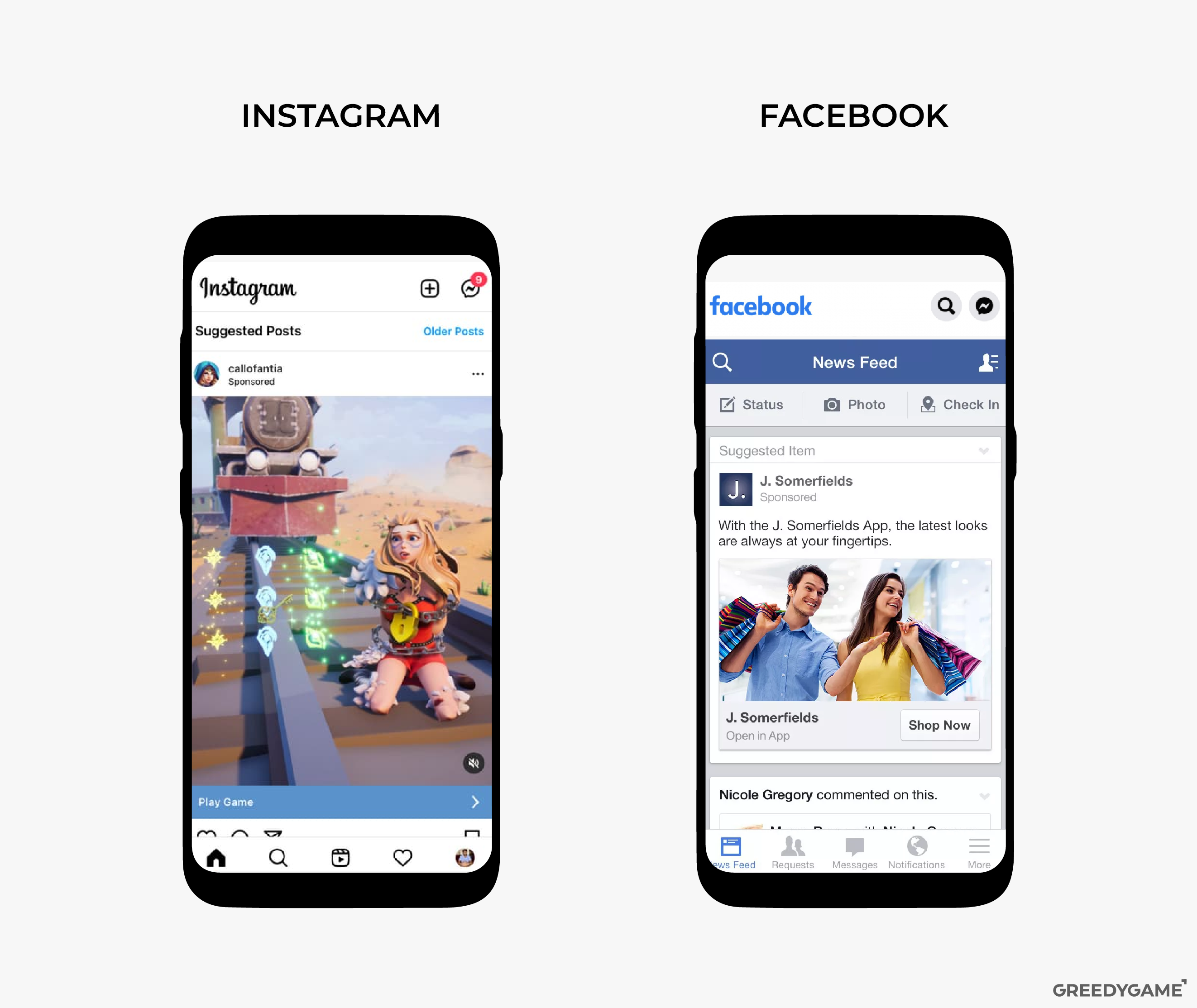Screenshots of social media ads on Instagram and Facebook