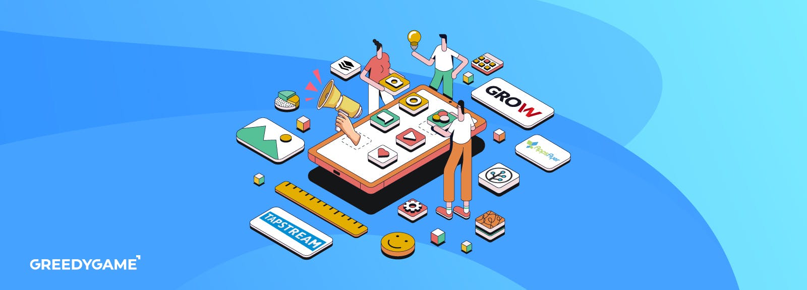 Illustration of app marketing tools to increase app visibility and acquire more users